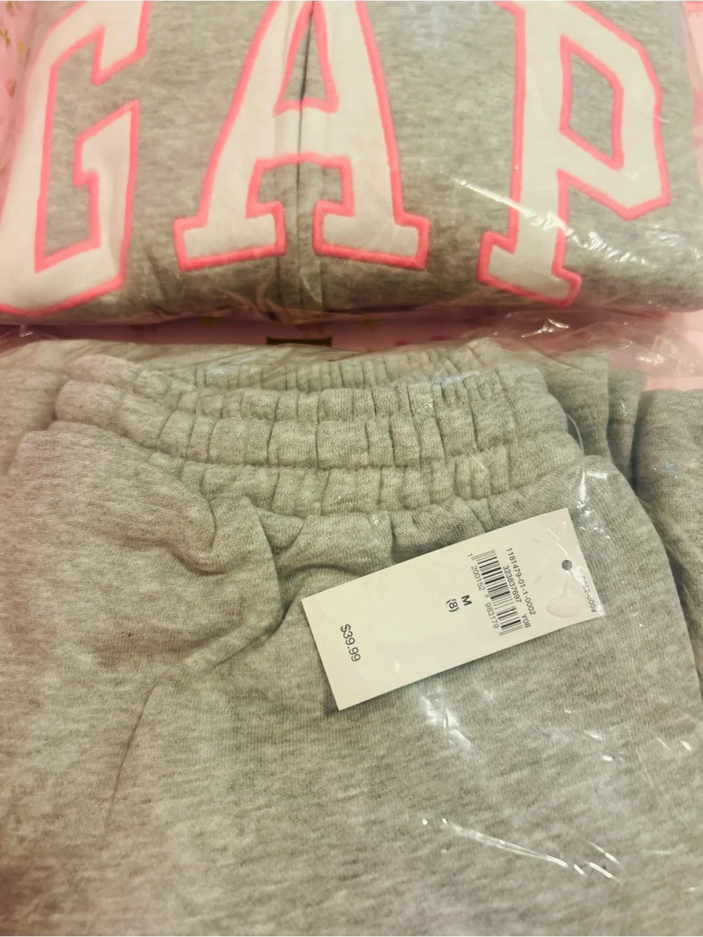 NWT GAP Kids' Light Gray Zip Hoodie and sweatpants set with Pink Logo Size 8